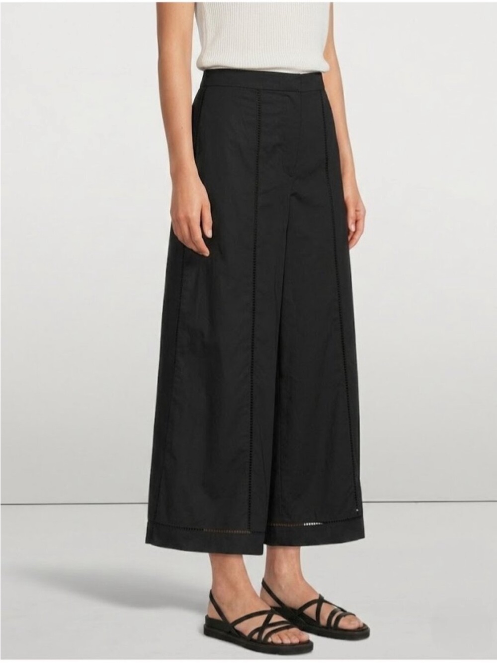 Theory Eyelet Culotte  Wide-Leg  Pants Black 8 High Rise Crop Cotton